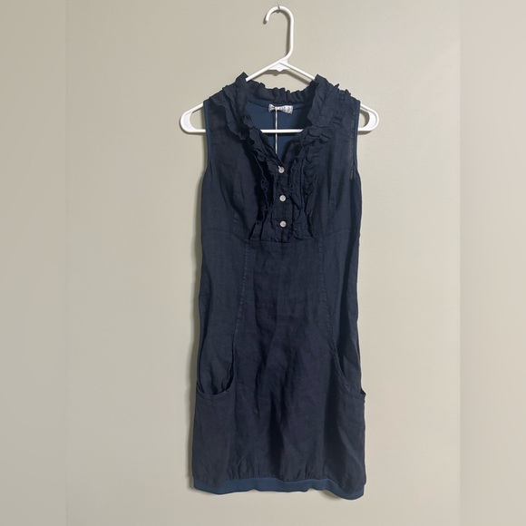 100% Italian Linen Sleeveless Dress Pockets Navy Lagenlook Beach Size Small New - Picture 1 of 8